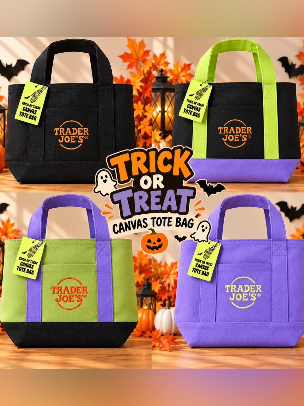 Trader Joe's Trick or Treat Canvas Mini Tote Bag Color Block Canvas Tote NWT